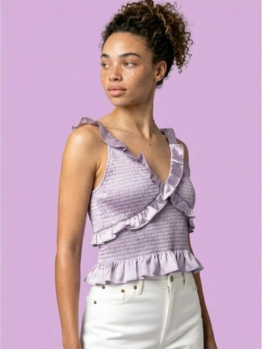 Callipygian Satin Smocked Lilac Tank Top M Purple USA 100% Cotton  NWT $195